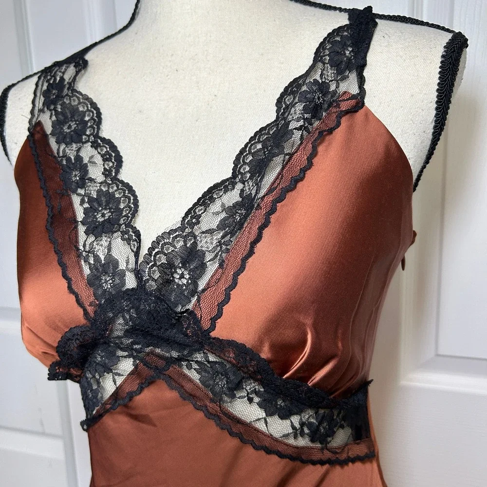 NWT Abercrombie & Fitch Satin Brown Black Lace Trim Slip Midi Dress XS Party - Picture 3 of 8